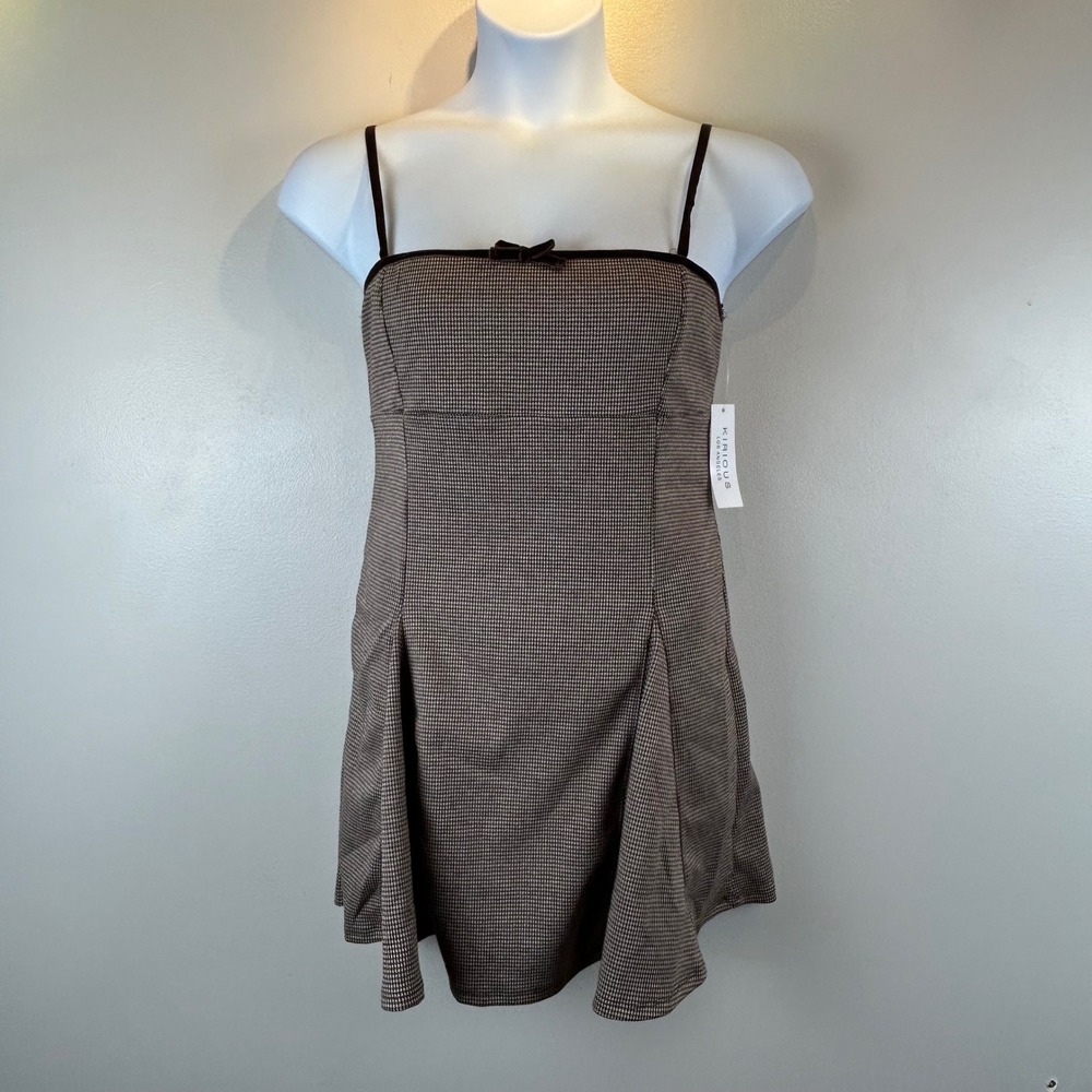 Kirious Los Angeles XL Brown Houndstooth Velvet Trim Bow Mini Dress NWT